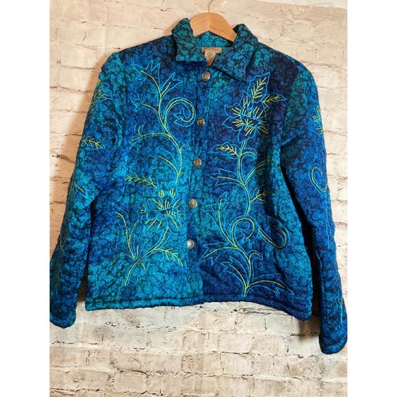 Choices Jacket Womens Medium Turquoise Floral Embroidered Puffy Button Up Artsy - Picture 1 of 13